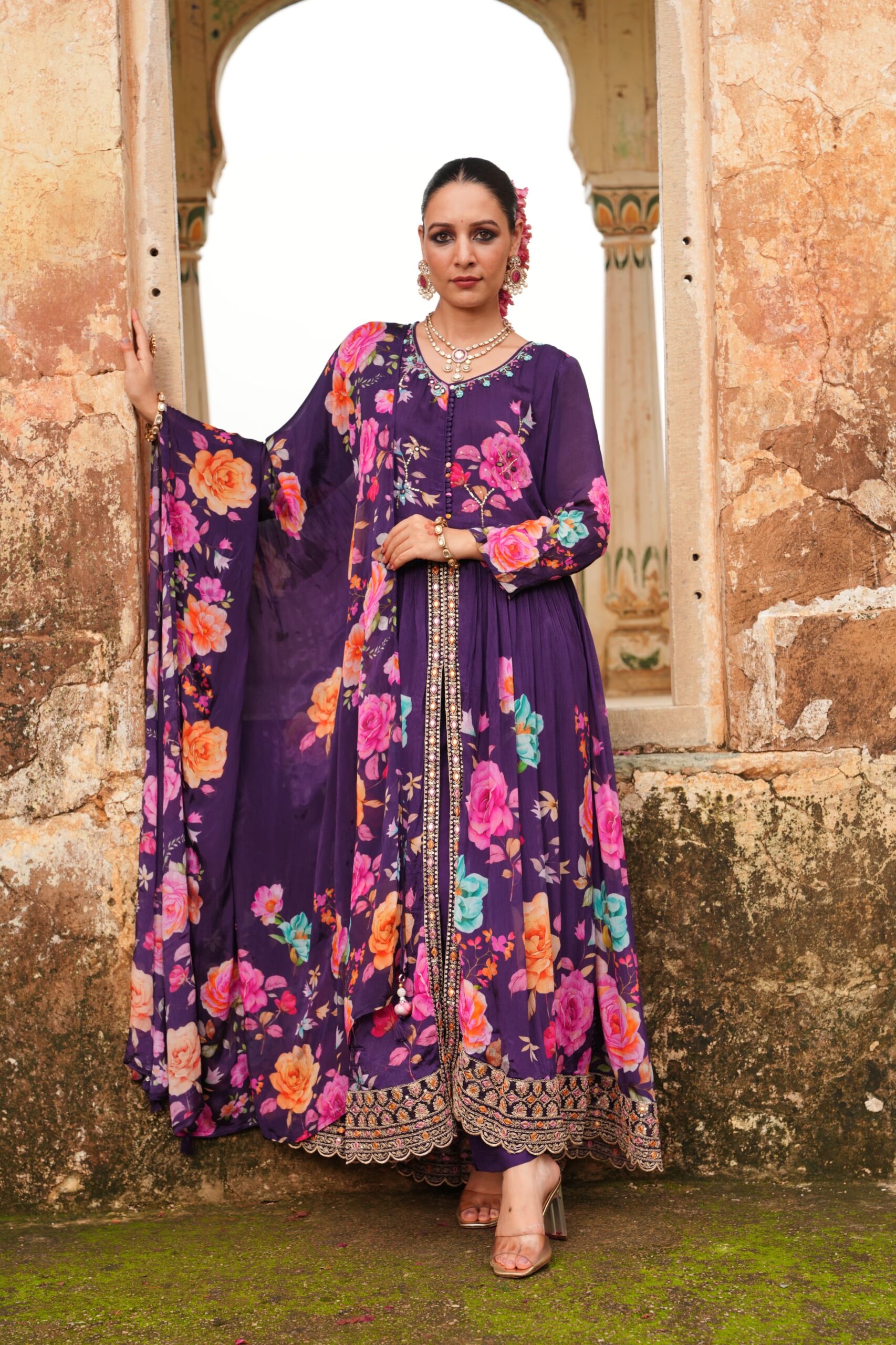 Women Floral Print Anarkali Ku...
